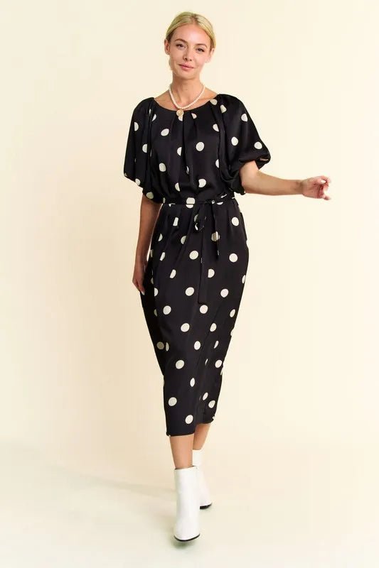 Davi & Dani Polka Dot Puff Sleeves Waist Tie Midi Dress - Blu Lotus Boutique