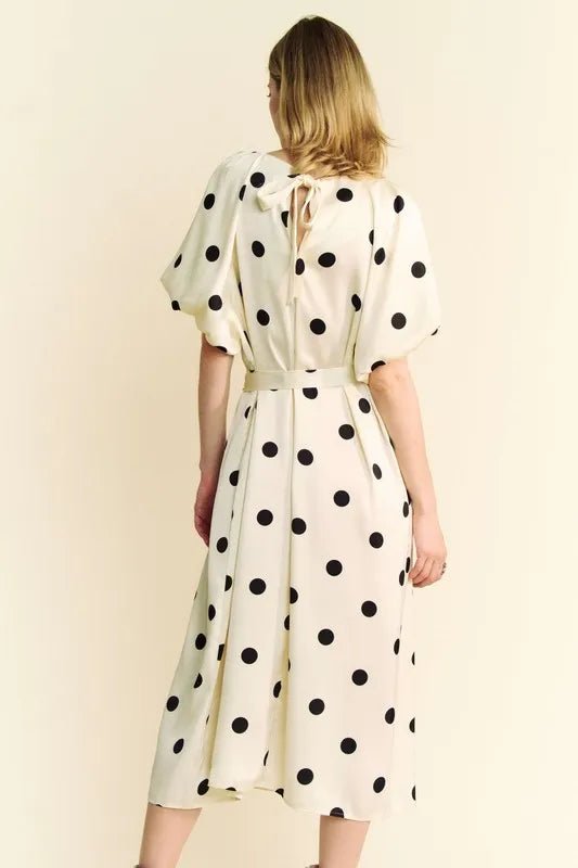 Davi & Dani Polka Dot Puff Sleeves Waist Tie Midi Dress - Blu Lotus Boutique