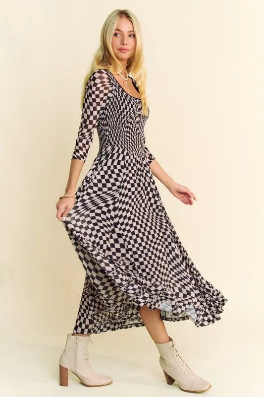 Davi & Dani Printed Checker Mesh Flowy Maxi Dress - Blu Lotus Boutique