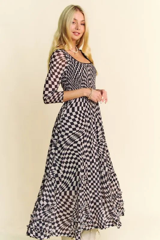 Davi & Dani Printed Checker Mesh Flowy Maxi Dress - Blu Lotus Boutique