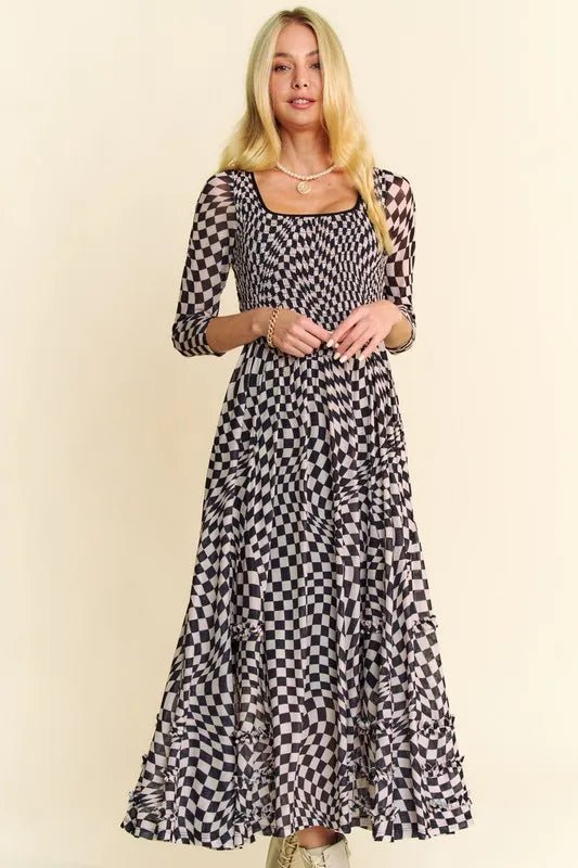 Davi & Dani Printed Checker Mesh Flowy Maxi Dress - Blu Lotus Boutique