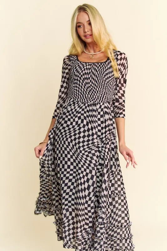 Davi & Dani Printed Checker Mesh Flowy Maxi Dress - Blu Lotus Boutique
