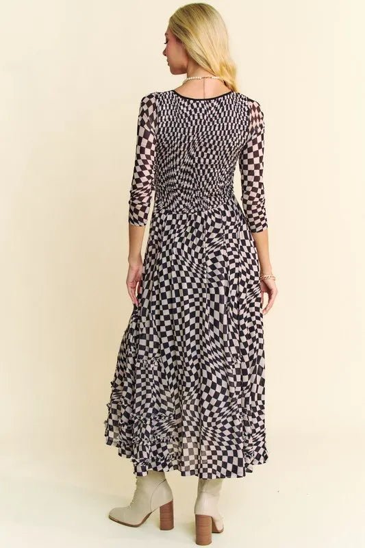 Davi & Dani Printed Checker Mesh Flowy Maxi Dress - Blu Lotus Boutique