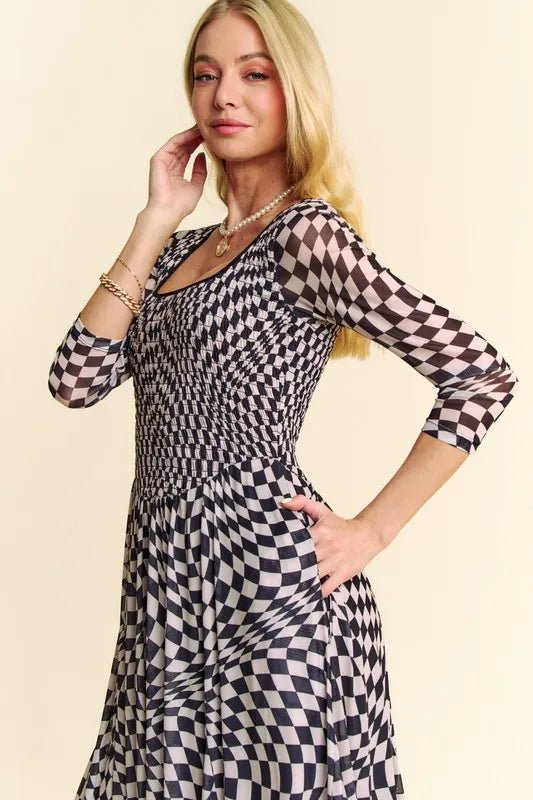 Davi & Dani Printed Checker Mesh Flowy Maxi Dress - Blu Lotus Boutique