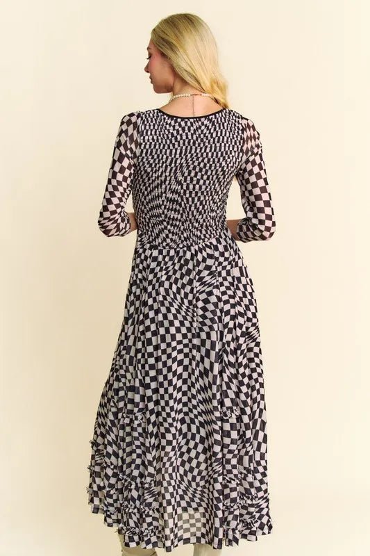 Davi & Dani Printed Checker Mesh Flowy Maxi Dress - Blu Lotus Boutique
