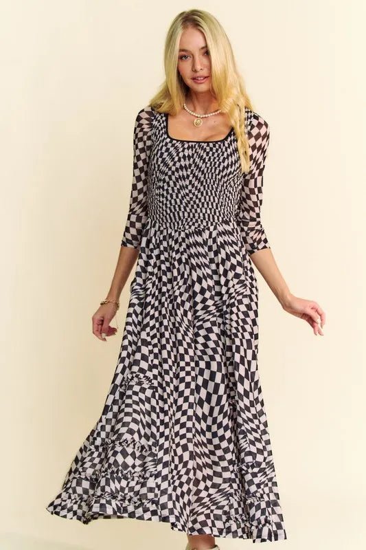 Davi & Dani Printed Checker Mesh Flowy Maxi Dress - Blu Lotus Boutique