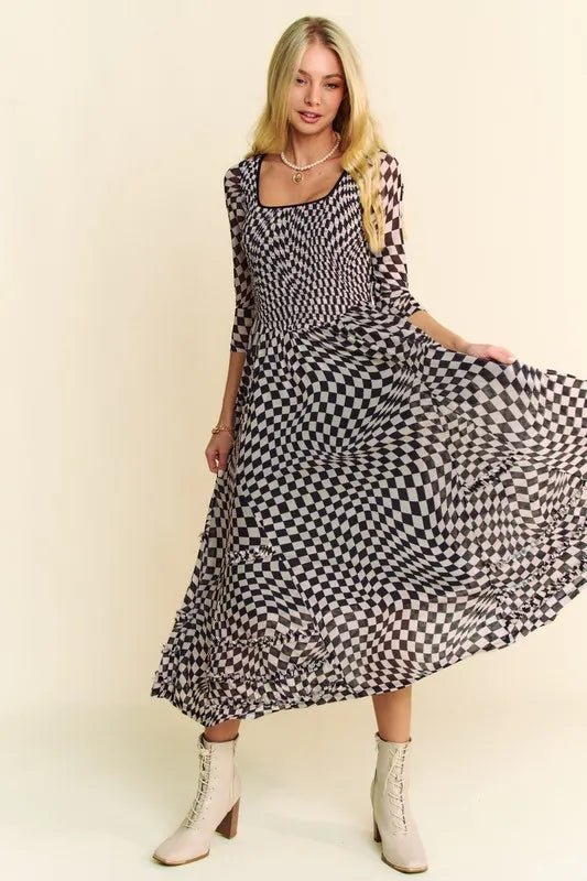 Davi & Dani Printed Checker Mesh Flowy Maxi Dress - Blu Lotus Boutique
