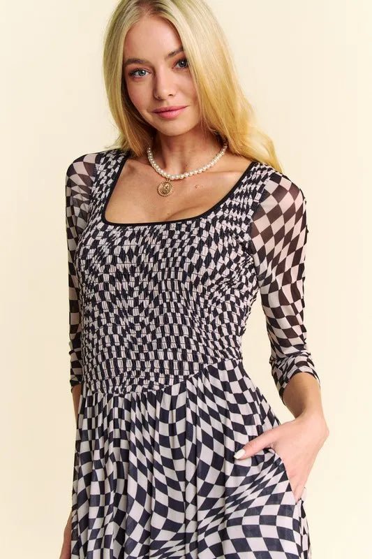 Davi & Dani Printed Checker Mesh Flowy Maxi Dress - Blu Lotus Boutique