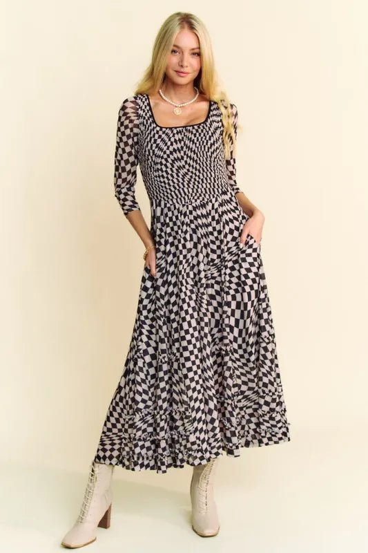 Davi & Dani Printed Checker Mesh Flowy Maxi Dress - Blu Lotus Boutique