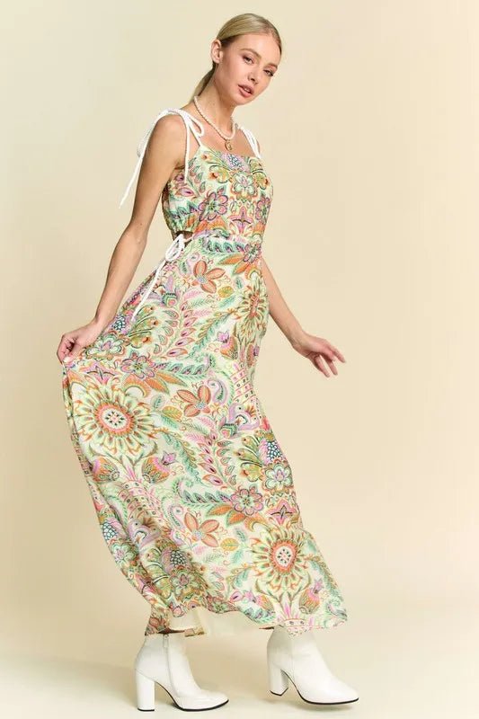 Davi & Dani Tropical Boho Printed Detail Cut Out Maxi Dress - Blu Lotus Boutique