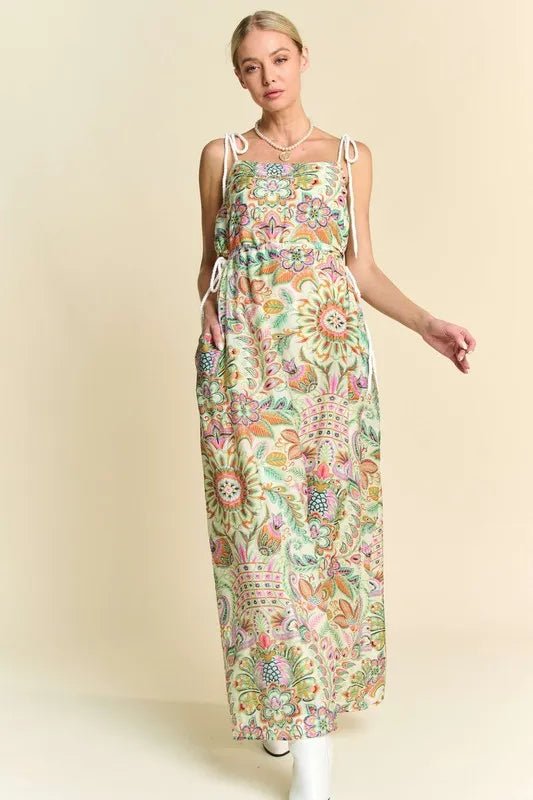 Davi & Dani Tropical Boho Printed Detail Cut Out Maxi Dress - Blu Lotus Boutique
