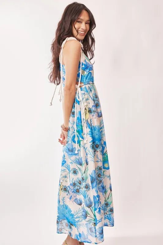 Davi & Dani Tropical Boho Printed Detail Cut Out Maxi Dress - Blu Lotus Boutique