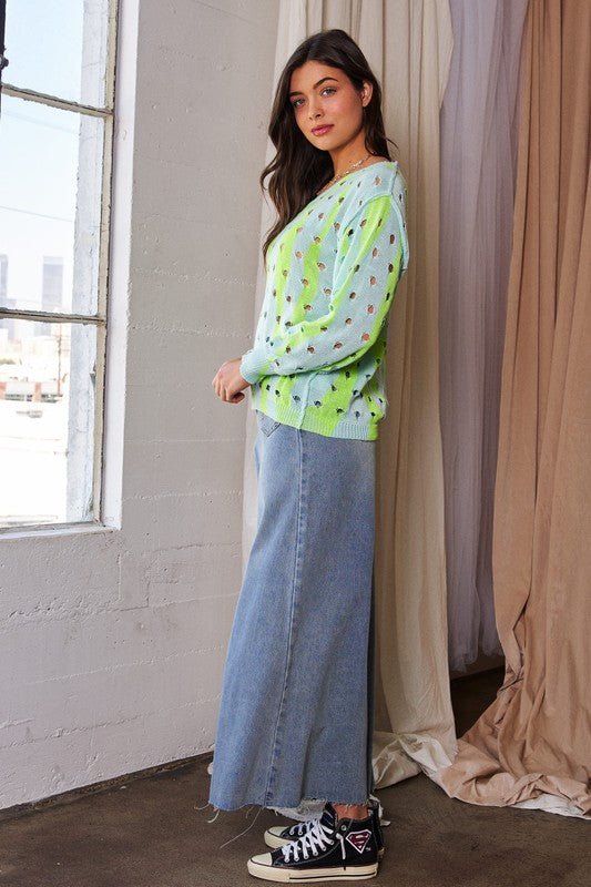 Davi & Dani Two - Tone Ribbed Hem Openwork Knit Top - Blu Lotus Boutique