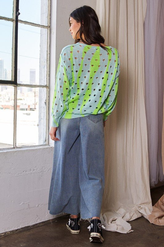 Davi & Dani Two - Tone Ribbed Hem Openwork Knit Top - Blu Lotus Boutique
