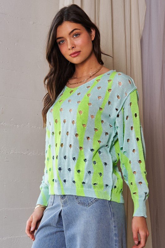 Davi & Dani Two - Tone Ribbed Hem Openwork Knit Top - Blu Lotus Boutique