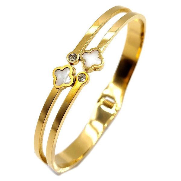 Double Clover Stainless Steel Cuff Bangle Bracelet - Blu Lotus Boutique
