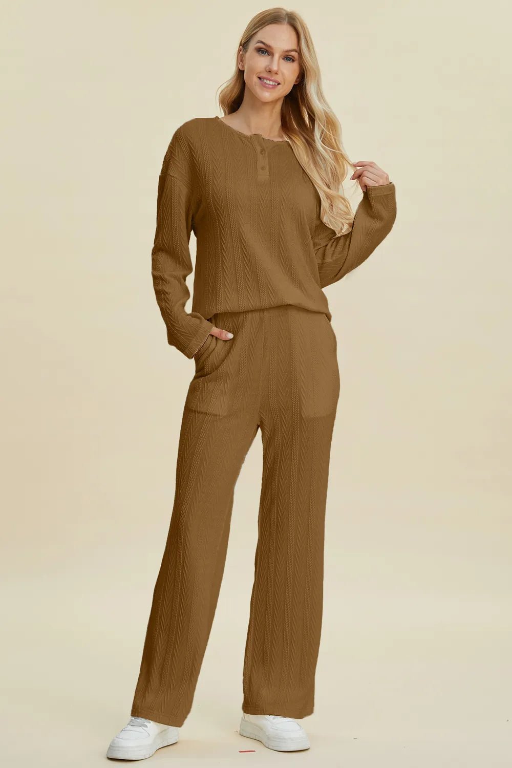 Double Take Full Size Cable - Knit Long Sleeve Top and Pants Set - Blu Lotus Boutique