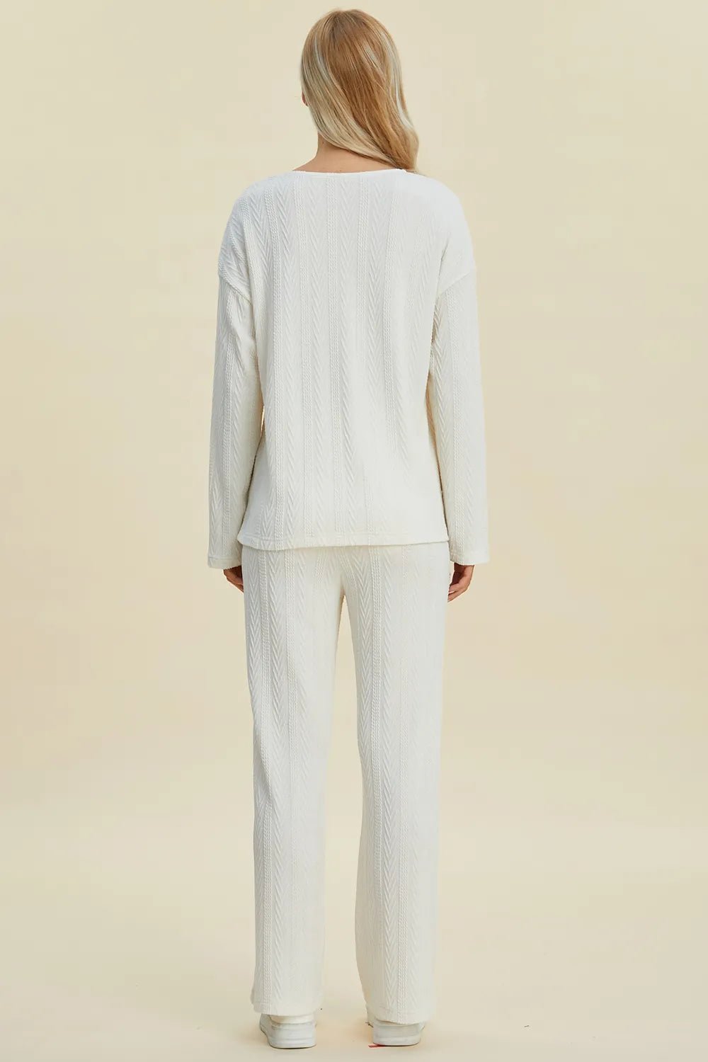 Double Take Full Size Cable - Knit Long Sleeve Top and Pants Set - Blu Lotus Boutique