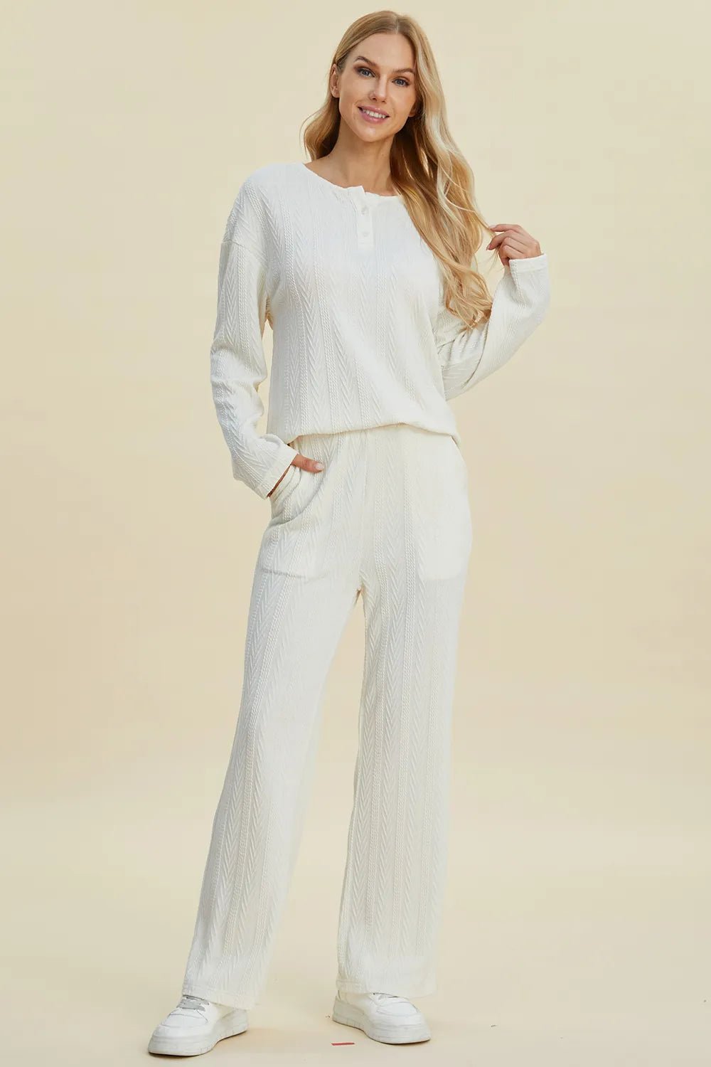 Double Take Full Size Cable - Knit Long Sleeve Top and Pants Set - Blu Lotus Boutique