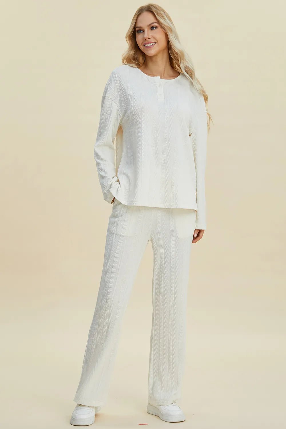 Double Take Full Size Cable - Knit Long Sleeve Top and Pants Set - Blu Lotus Boutique