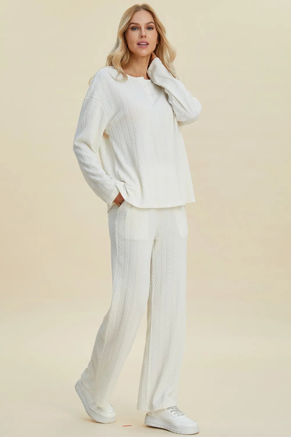 Double Take Full Size Cable - Knit Long Sleeve Top and Pants Set - Blu Lotus Boutique