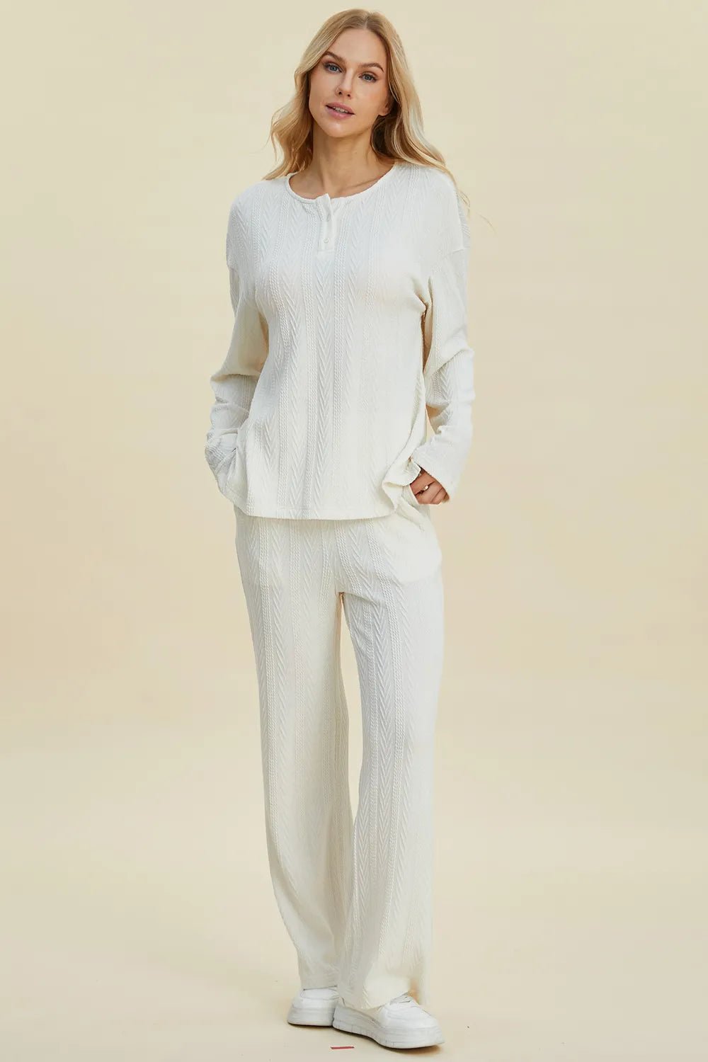 Double Take Full Size Cable - Knit Long Sleeve Top and Pants Set - Blu Lotus Boutique