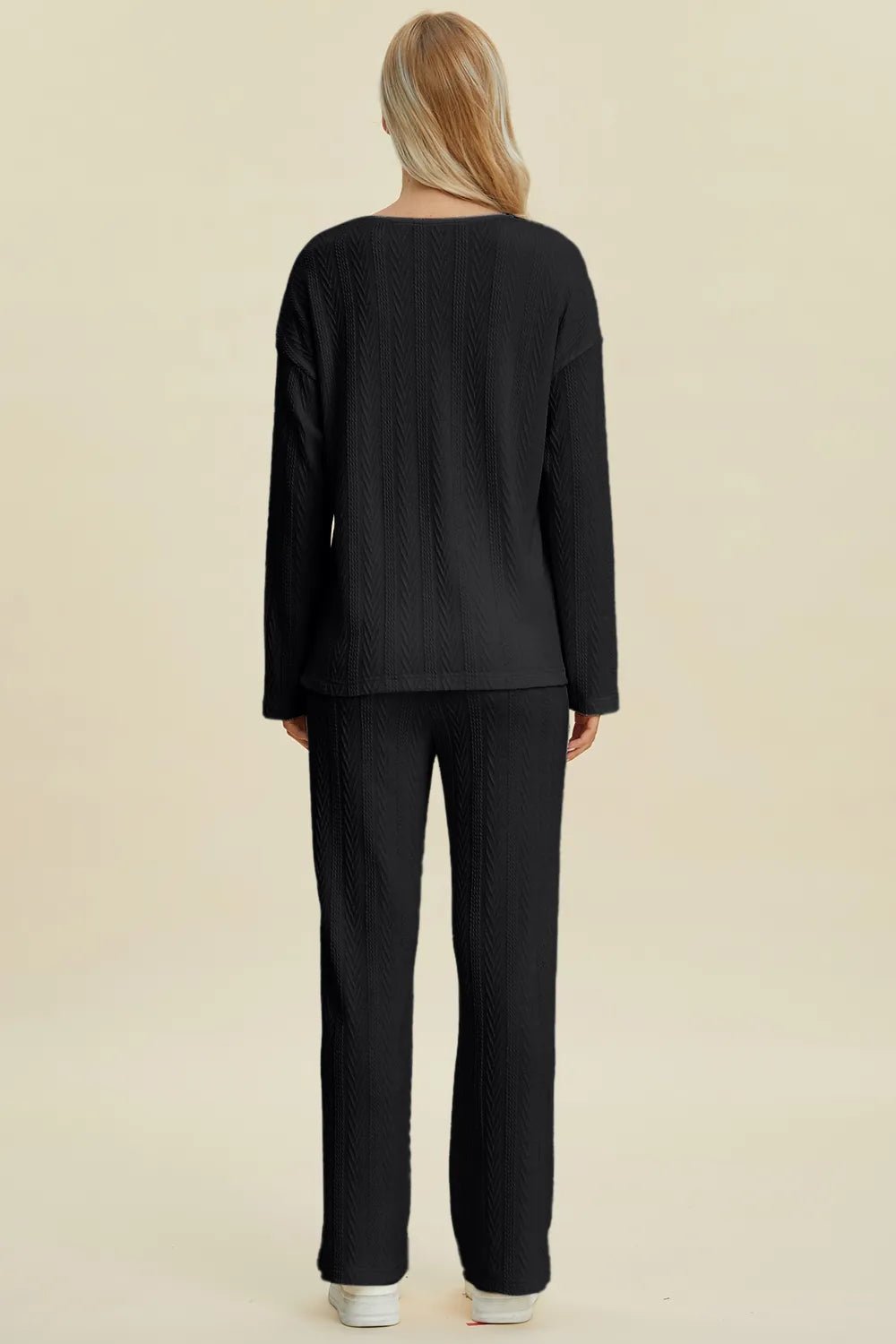 Double Take Full Size Cable - Knit Long Sleeve Top and Pants Set - Blu Lotus Boutique