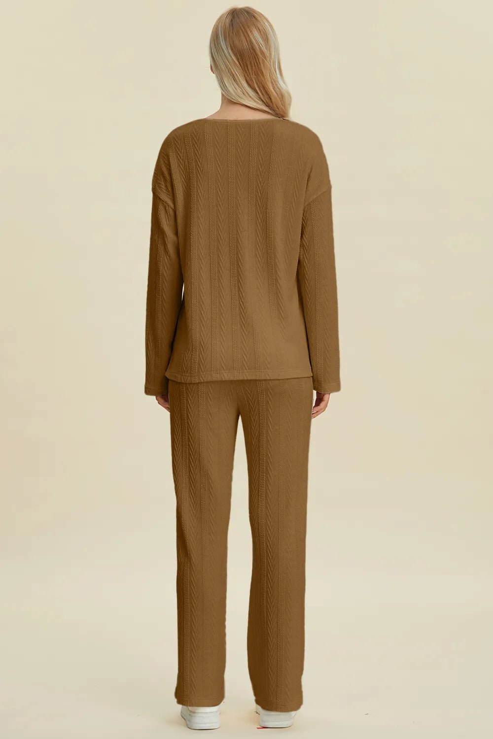 Double Take Full Size Cable - Knit Long Sleeve Top and Pants Set - Blu Lotus Boutique