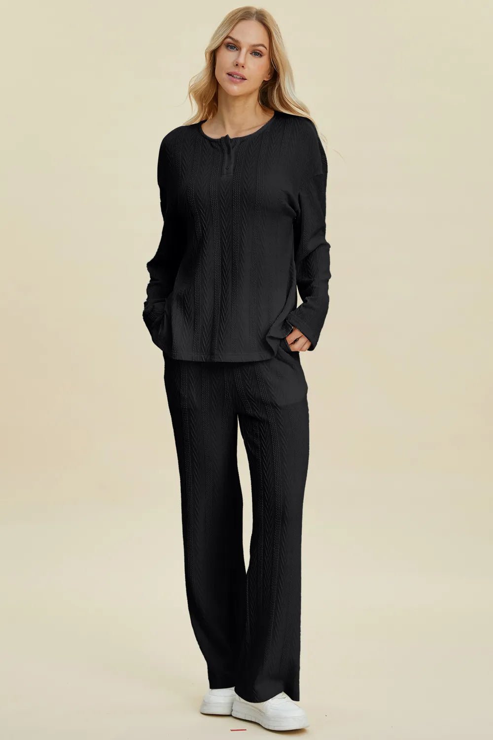 Double Take Full Size Cable - Knit Long Sleeve Top and Pants Set - Blu Lotus Boutique
