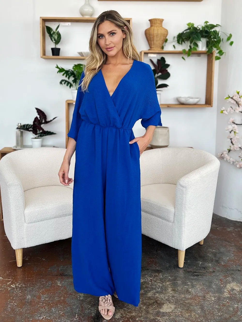 Double Take Full Size Surplice Wide Leg Jumpsuit with Pockets - Blu Lotus Boutique