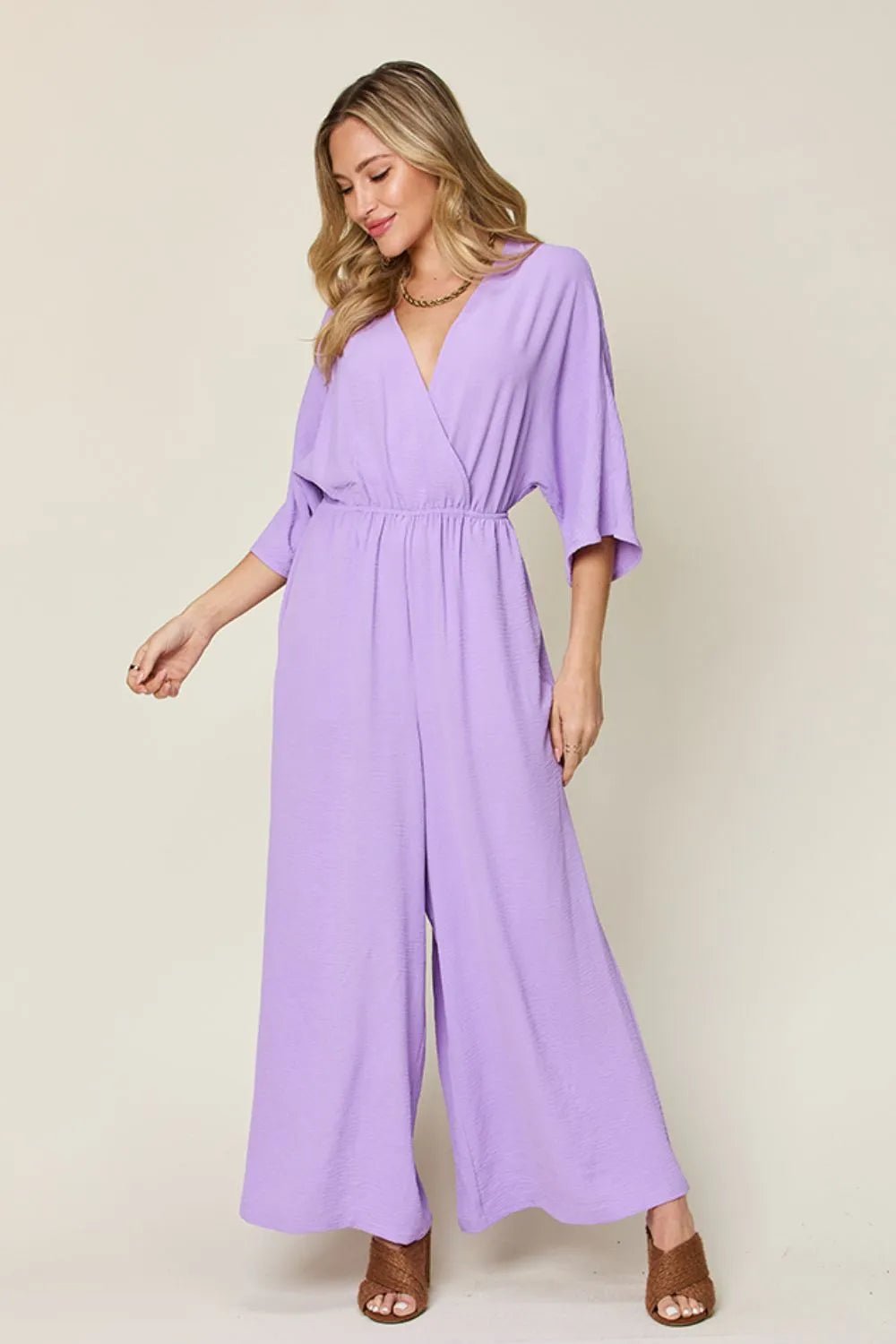 Double Take Full Size Surplice Wide Leg Jumpsuit with Pockets - Blu Lotus Boutique