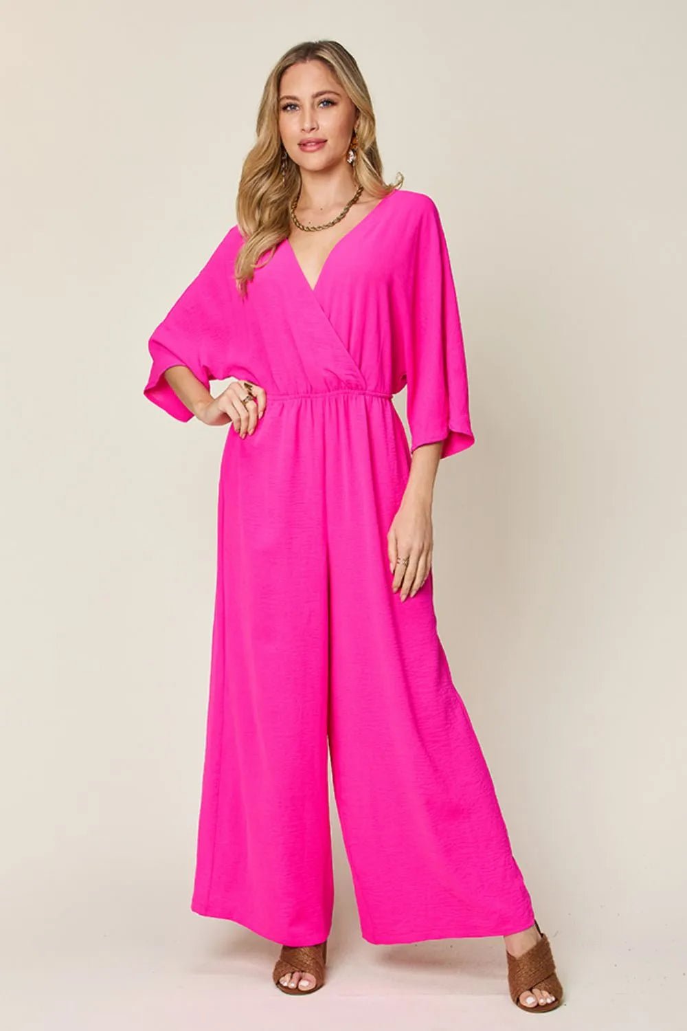 Double Take Full Size Surplice Wide Leg Jumpsuit with Pockets - Blu Lotus Boutique