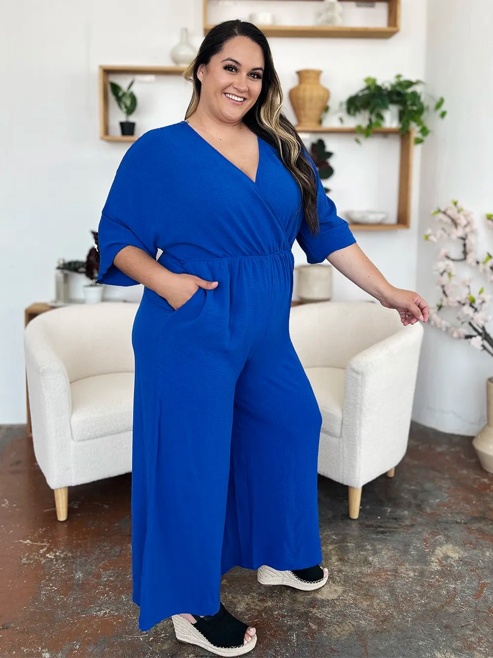 Double Take Full Size Surplice Wide Leg Jumpsuit with Pockets - Blu Lotus Boutique