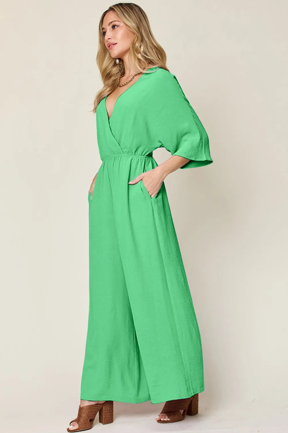 Double Take Full Size Surplice Wide Leg Jumpsuit with Pockets - Blu Lotus Boutique