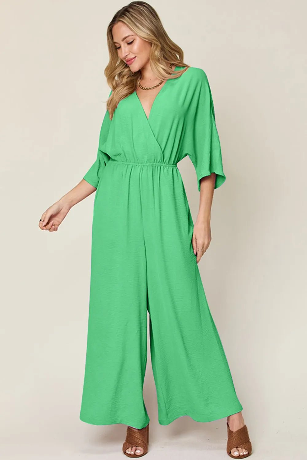 Double Take Full Size Surplice Wide Leg Jumpsuit with Pockets - Blu Lotus Boutique