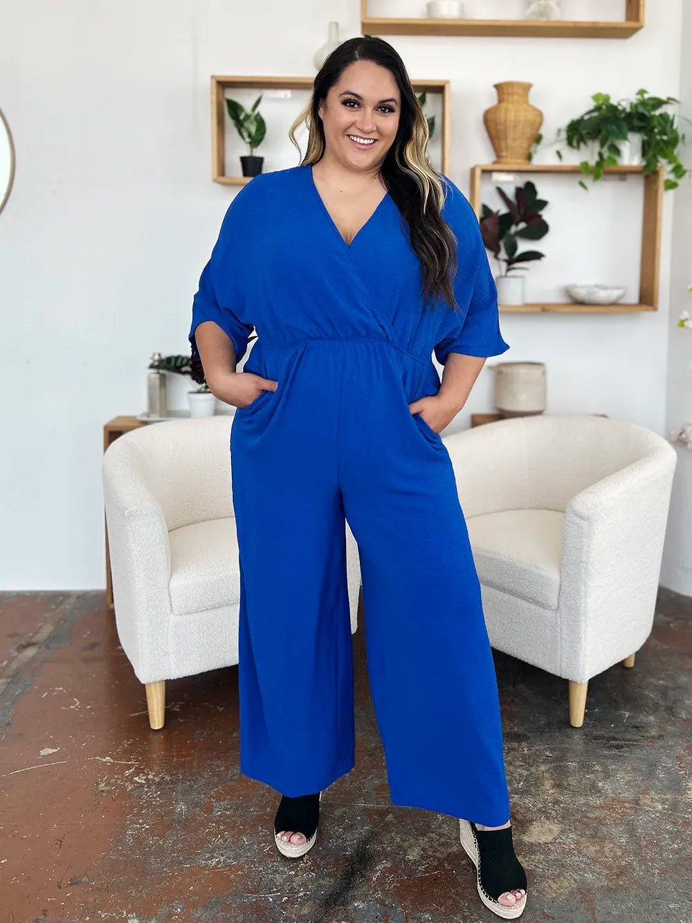 Double Take Full Size Surplice Wide Leg Jumpsuit with Pockets - Blu Lotus Boutique