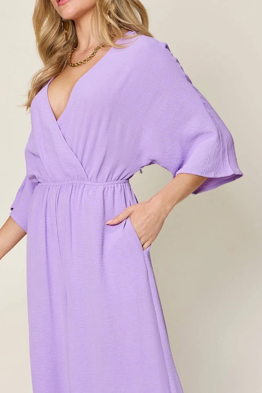 Double Take Full Size Surplice Wide Leg Jumpsuit with Pockets - Blu Lotus Boutique