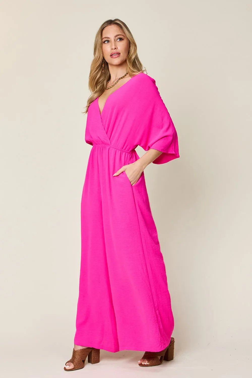 Double Take Full Size Surplice Wide Leg Jumpsuit with Pockets - Blu Lotus Boutique
