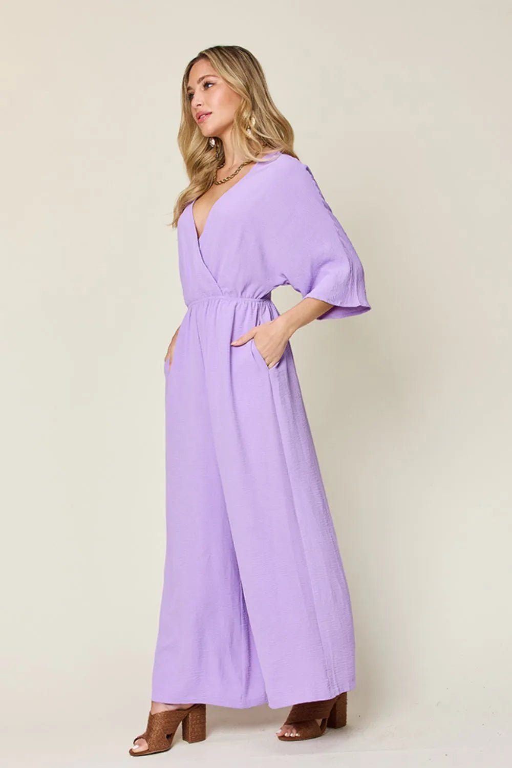 Double Take Full Size Surplice Wide Leg Jumpsuit with Pockets - Blu Lotus Boutique