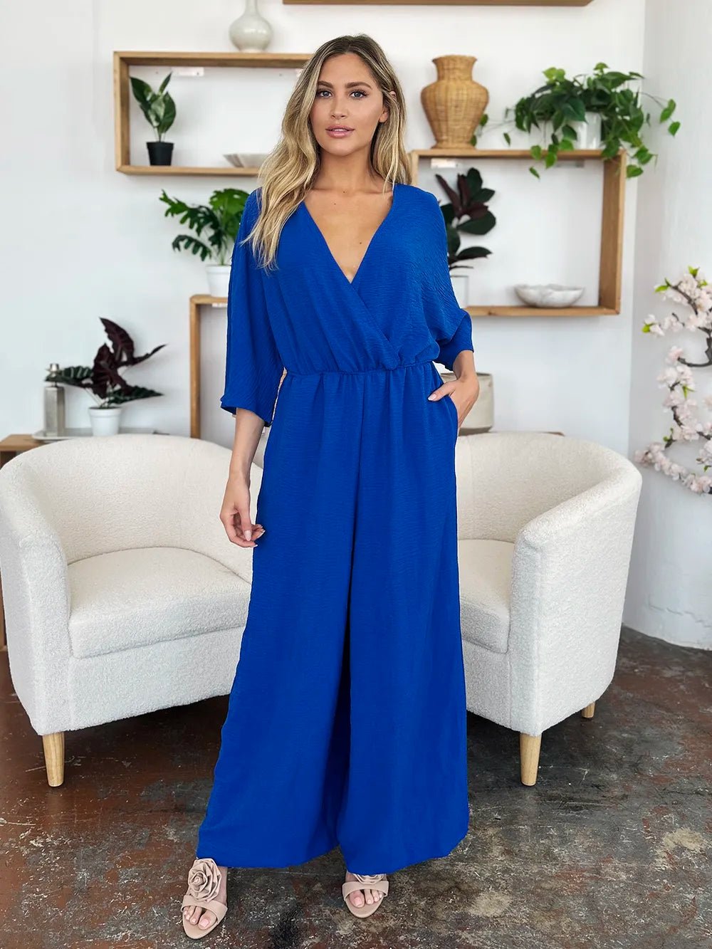 Double Take Full Size Surplice Wide Leg Jumpsuit with Pockets - Blu Lotus Boutique