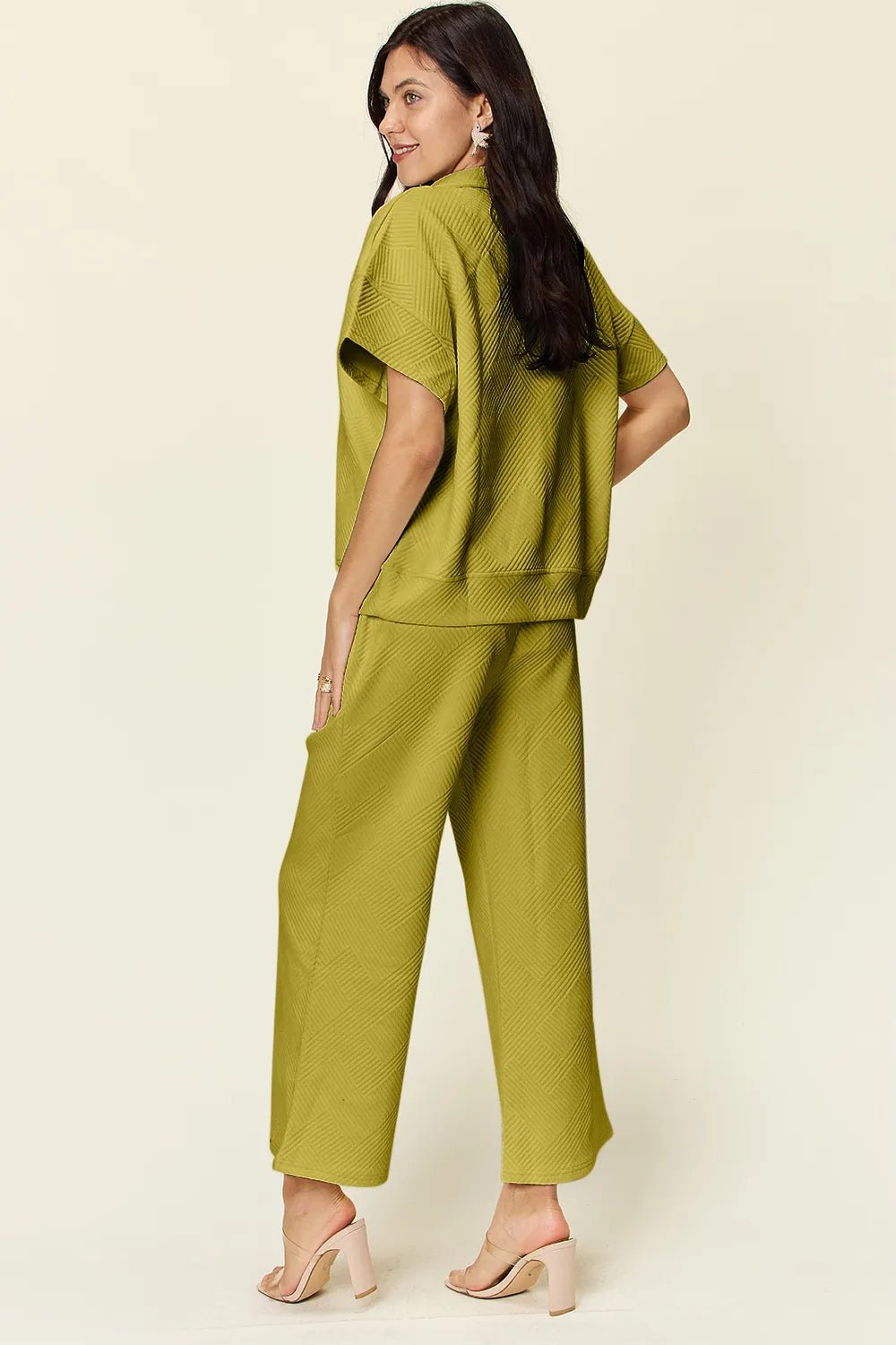 Double Take Full Size Texture Half Zip Short Sleeve Top and Pants Set - Blu Lotus Boutique