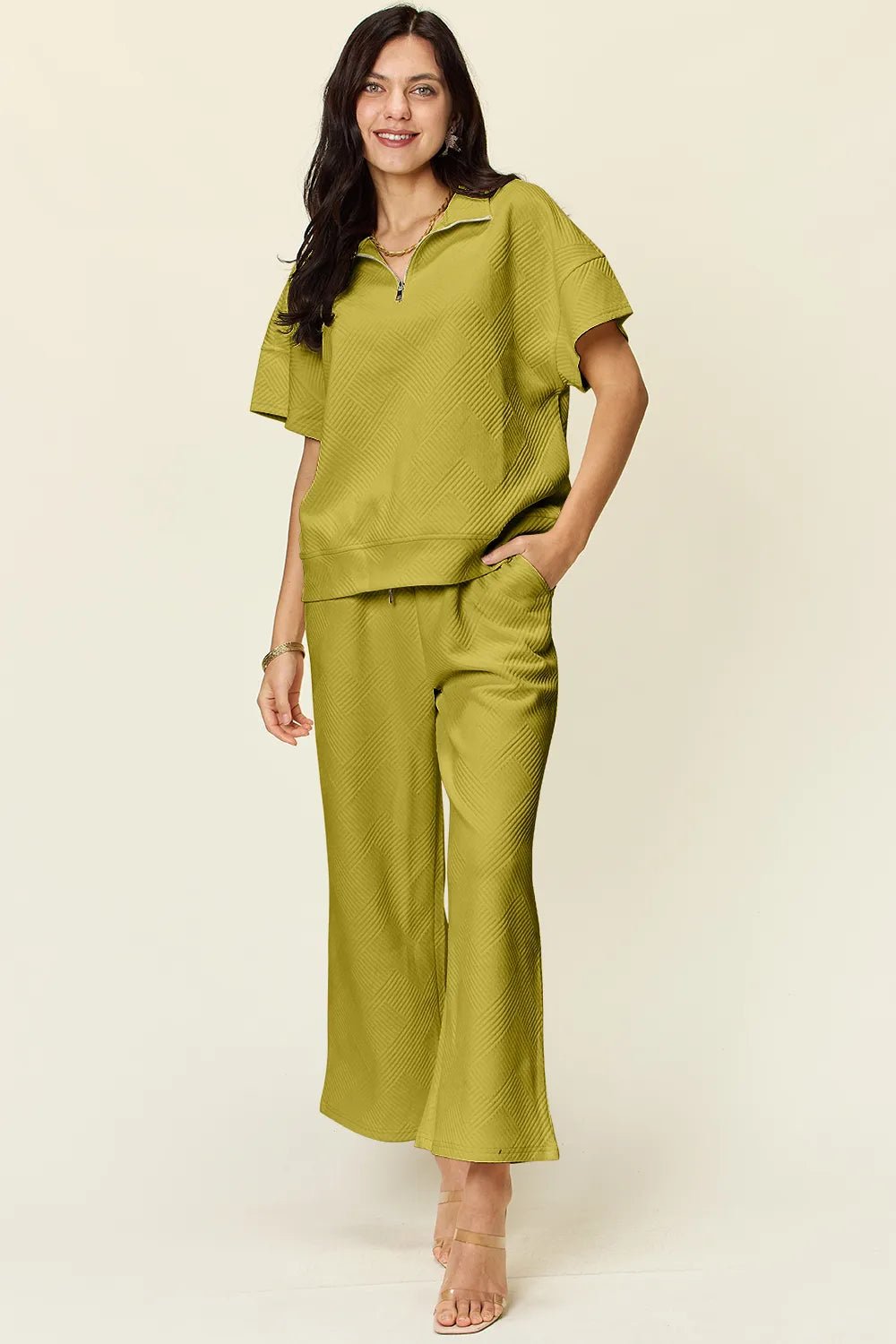Double Take Full Size Texture Half Zip Short Sleeve Top and Pants Set - Blu Lotus Boutique