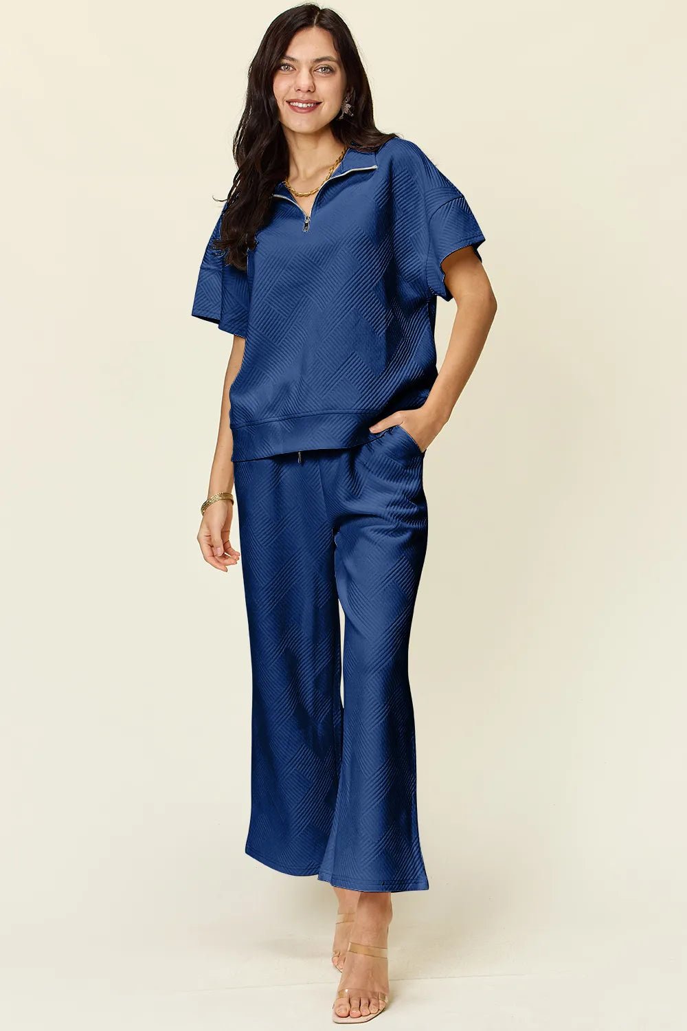 Double Take Full Size Texture Half Zip Short Sleeve Top and Pants Set - Blu Lotus Boutique