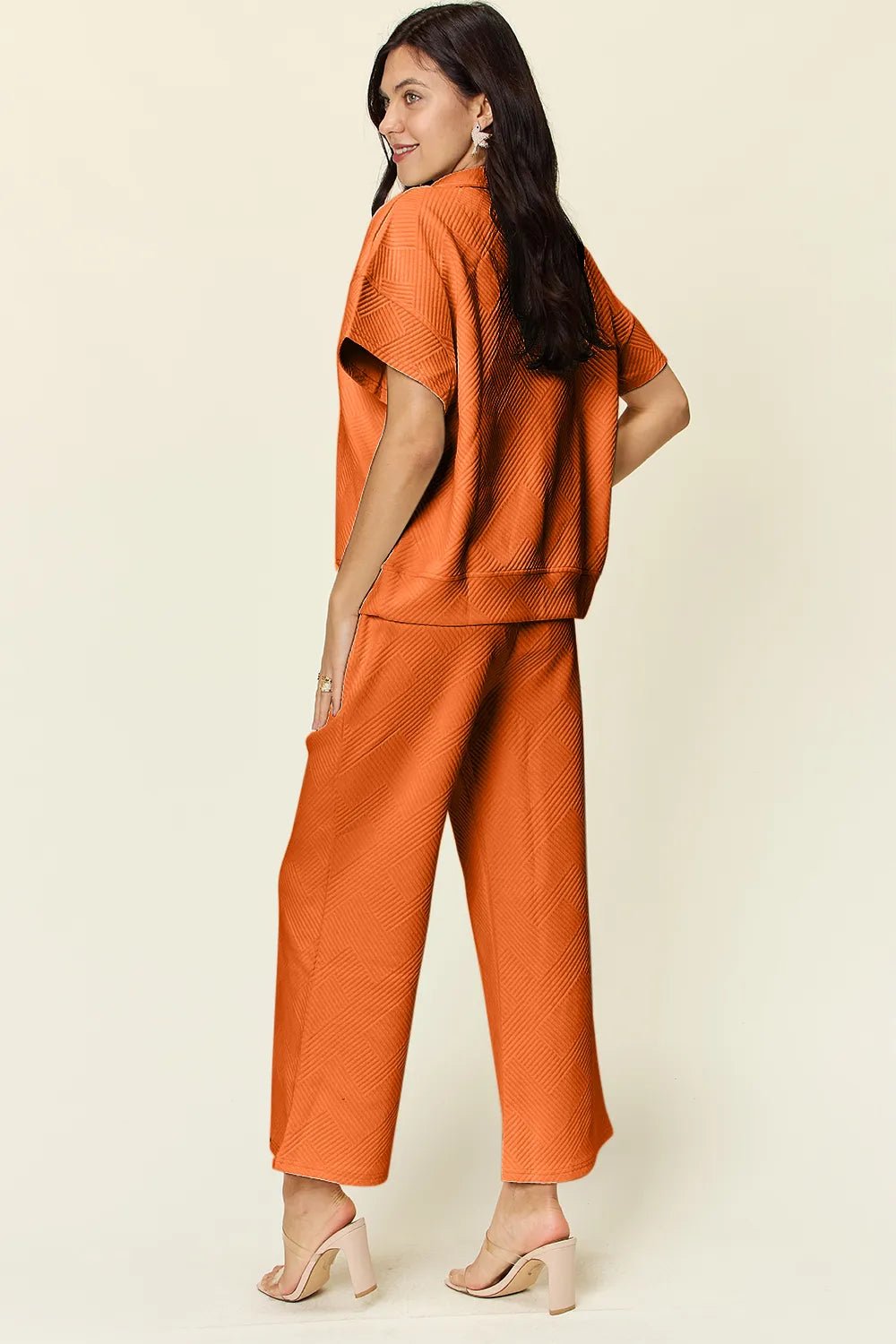 Double Take Full Size Texture Half Zip Short Sleeve Top and Pants Set - Blu Lotus Boutique