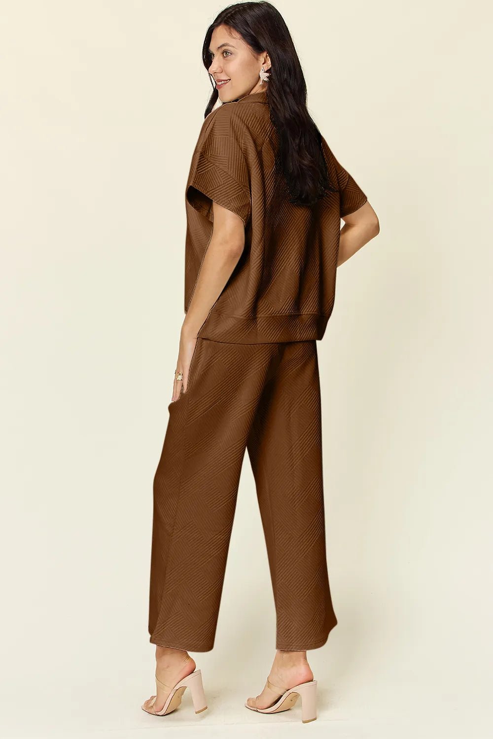 Double Take Full Size Texture Half Zip Short Sleeve Top and Pants Set - Blu Lotus Boutique
