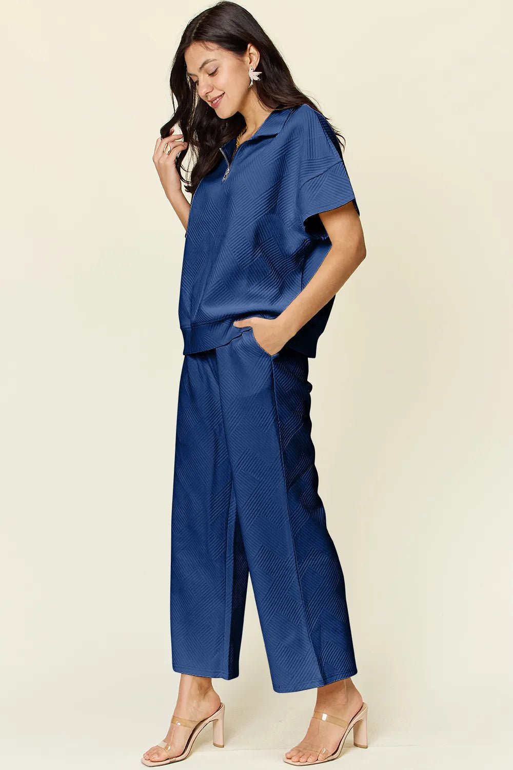 Double Take Full Size Texture Half Zip Short Sleeve Top and Pants Set - Blu Lotus Boutique