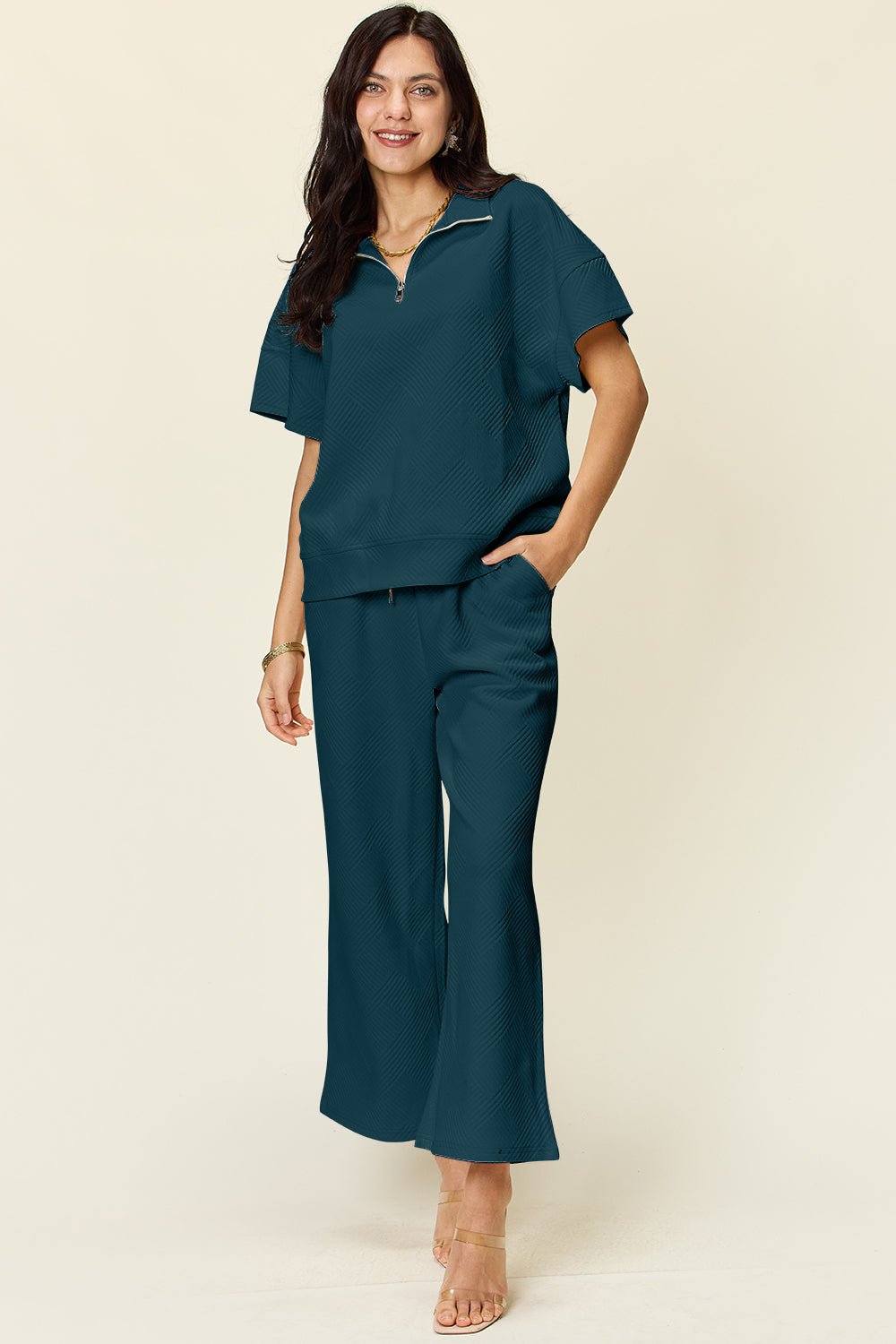 Double Take Full Size Texture Half Zip Short Sleeve Top and Pants Set - Blu Lotus Boutique