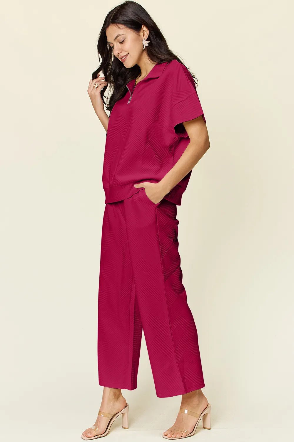 Double Take Full Size Texture Half Zip Short Sleeve Top and Pants Set - Blu Lotus Boutique