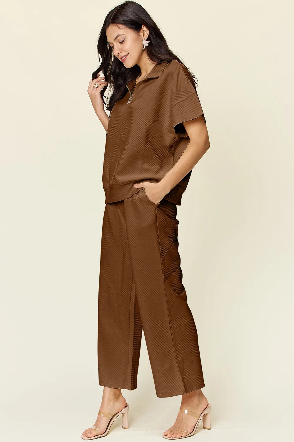 Double Take Full Size Texture Half Zip Short Sleeve Top and Pants Set - Blu Lotus Boutique