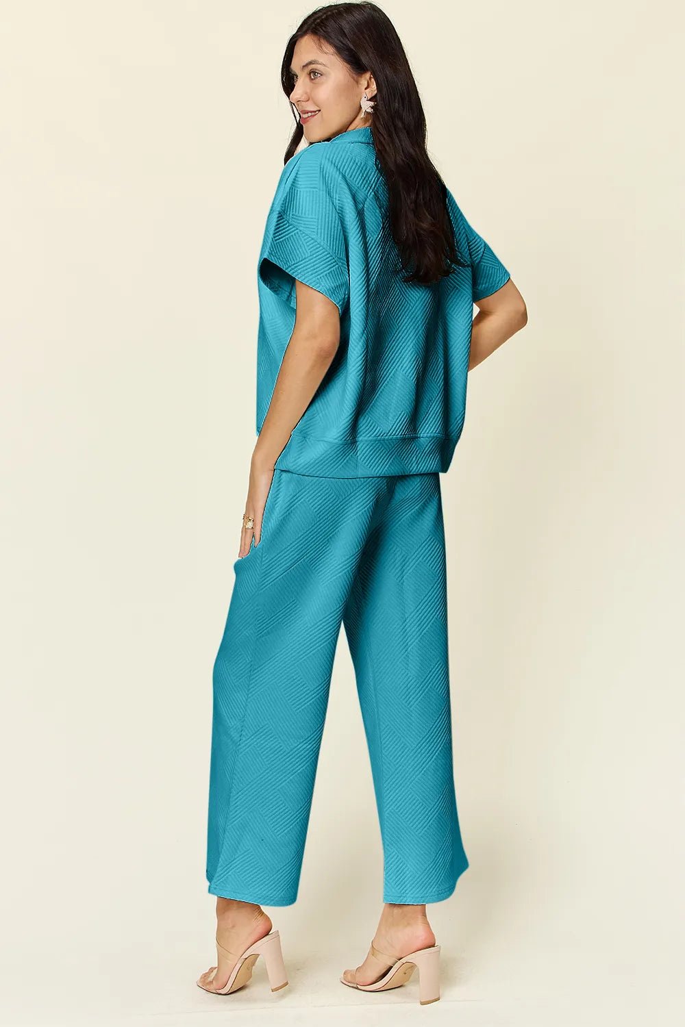 Double Take Full Size Texture Half Zip Short Sleeve Top and Pants Set - Blu Lotus Boutique